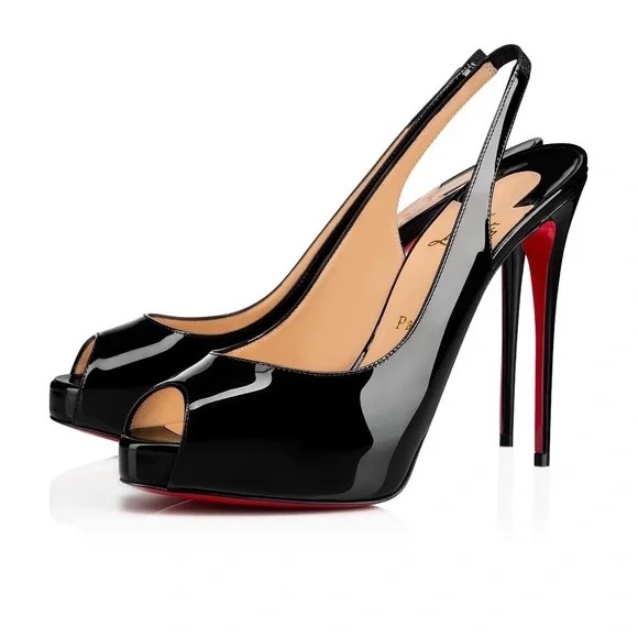 Christian Louboutin Black Patent Leather Peep Toe Slingback Heels